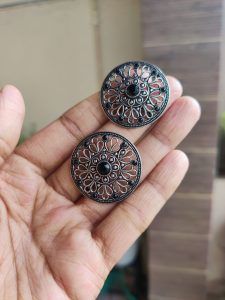 Beautiful Round Floral Art Stud Earrings | Traditional Silver Replica Oxidised Jewelry for Women and Girls Daily Wear - Color: "Black"