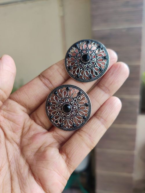 Beautiful Round Floral Art Stud Earrings | Traditional Silver Replica Oxidised Jewelry for Women and Girls Daily Wear - Image 2