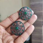 Bulk 128 Beautiful Round Floral Art Stud Earrings | Traditional Silver Replica Oxidised Jewelry for Women and Girls Daily Wear - "Green"