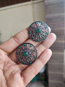 Beautiful Round Floral Art Stud Earrings | Traditional Silver Replica Oxidised Jewelry for Women and Girls Daily Wear - Color: "Green"