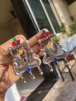 German Silver Peacock Stud Earrings | Traditional Oxidised Jewelry for Women