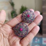 Bulk 130 Beautiful Round Floral Art Stud Earrings | Traditional Silver Replica Oxidised Jewelry for Women and Girls Daily Wear - "Red"