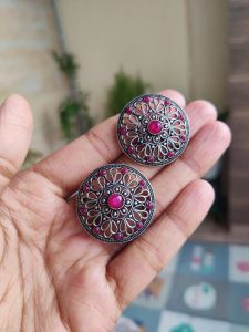 Beautiful Round Floral Art Stud Earrings | Traditional Silver Replica Oxidised Jewelry for Women and Girls Daily Wear - Color: "Red"