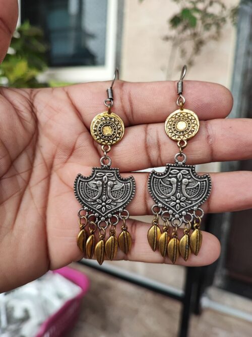 German Silver Golden Mix Peacock Charms Dangler Earrings | Stylish Traditional Festive Wear Jewelry for Women