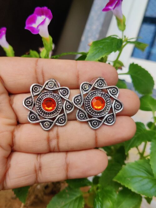 Exquisite German Silver Stud Earrings with Stone Detailing | Stylish Ethnic Jewelry for Women