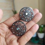 Bulk 132 Beautiful Round Floral Art Stud Earrings | Traditional Silver Replica Oxidised Jewelry for Women and Girls Daily Wear - "White"