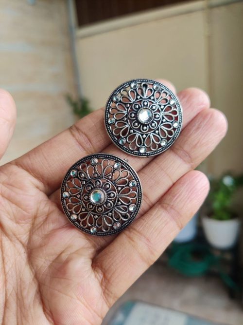 Beautiful Round Floral Art Stud Earrings | Traditional Silver Replica Oxidised Jewelry for Women and Girls Daily Wear - Image 5