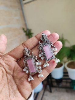 Unique Fish Design Silver Replica Monalisa Stone Earrings | Stylish Oxidized Jewelry for Women and Girls