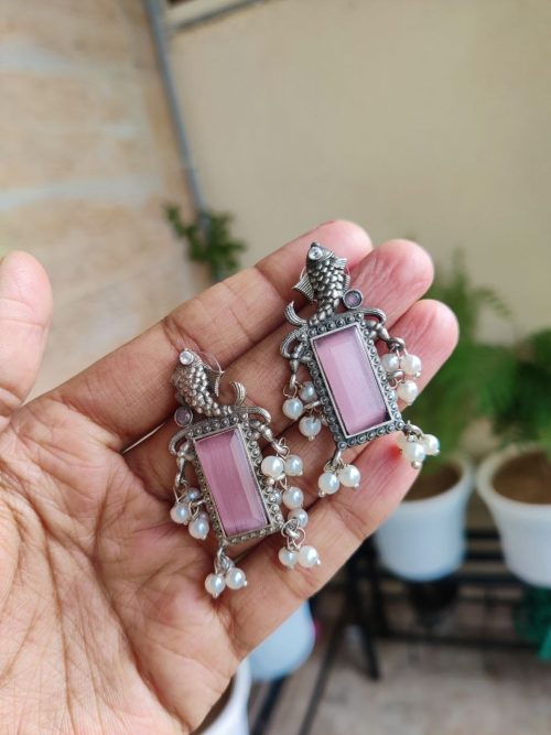 Unique Fish Design Silver Replica Monalisa Stone Earrings | Stylish Oxidized Jewelry for Women and Girls