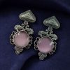 Unique Peacock Stud Earrings with Monalisa Stone in Silver Replica Oxidized Finish