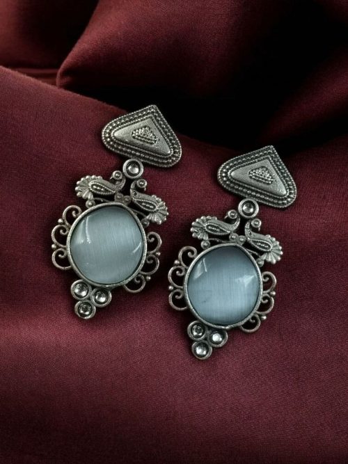 Unique Peacock Stud Earrings with Monalisa Stone in Silver Replica Oxidized Finish