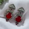 Unique Peacock Stud Earrings with Monalisa Stone in Silver Replica Oxidized Finish