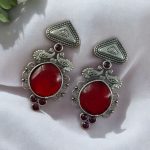 Unique Peacock Stud Earrings | Silver Replica Monalisa Stone Oxidized Jewelry - "Red"