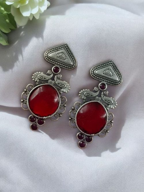 Unique Peacock Stud Earrings with Monalisa Stone in Silver Replica Oxidized Finish