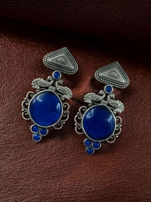 Unique Peacock Stud Earrings with Monalisa Stone in Silver Replica Oxidized Finish