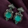 Unique Peacock Stud Earrings with Monalisa Stone in Silver Replica Oxidized Finish