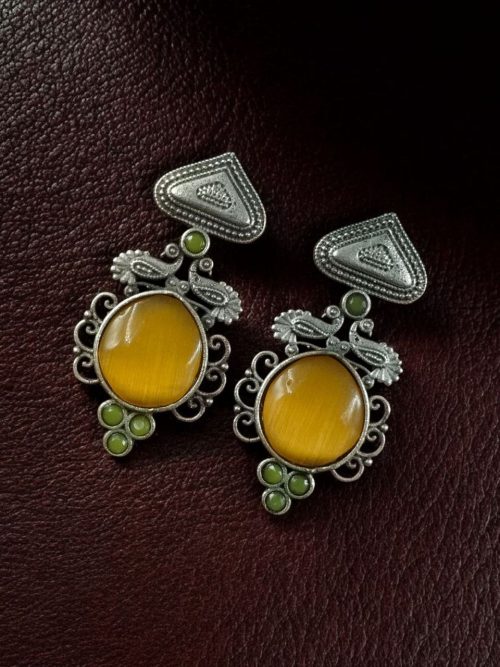 Unique Peacock Stud Earrings with Monalisa Stone in Silver Replica Oxidized Finish