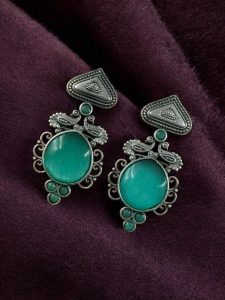 Unique Peacock Stud Earrings | Silver Replica Monalisa Stone Oxidized Jewelry - color: "Mint"