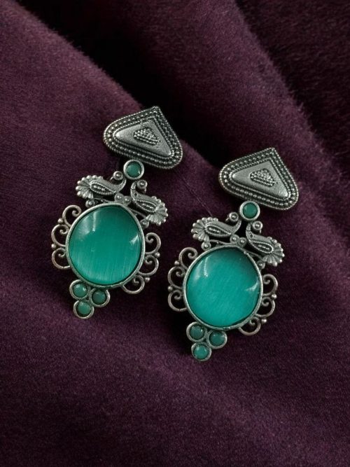 Unique Peacock Stud Earrings with Monalisa Stone in Silver Replica Oxidized Finish