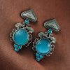 Unique Peacock Stud Earrings with Monalisa Stone in Silver Replica Oxidized Finish