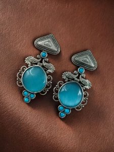 Unique Peacock Stud Earrings | Silver Replica Monalisa Stone Oxidized Jewelry - color: "Aqua"