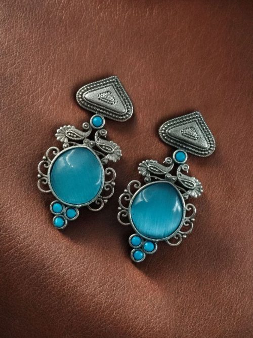 Unique Peacock Stud Earrings with Monalisa Stone in Silver Replica Oxidized Finish
