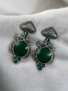 Unique Peacock Stud Earrings | Silver Replica Monalisa Stone Oxidized Jewelry - color: "Green"