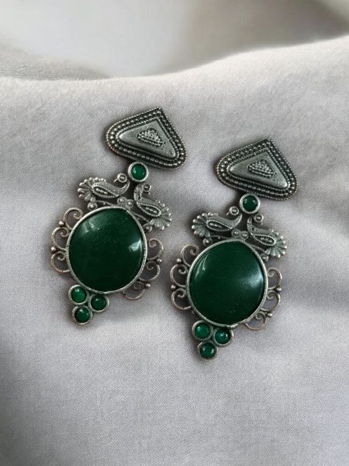 Unique Peacock Stud Earrings with Monalisa Stone in Silver Replica Oxidized Finish