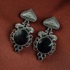Unique Peacock Stud Earrings with Monalisa Stone in Silver Replica Oxidized Finish