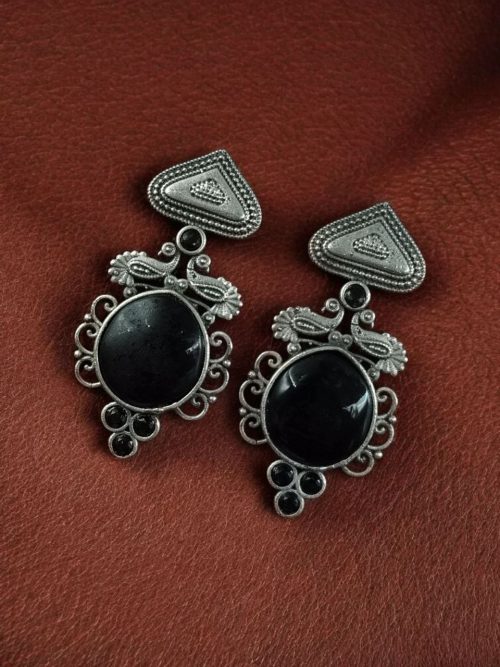 Unique Peacock Stud Earrings with Monalisa Stone in Silver Replica Oxidized Finish