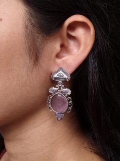 Unique Peacock Stud Earrings with Monalisa Stone in Silver Replica Oxidized Finish
