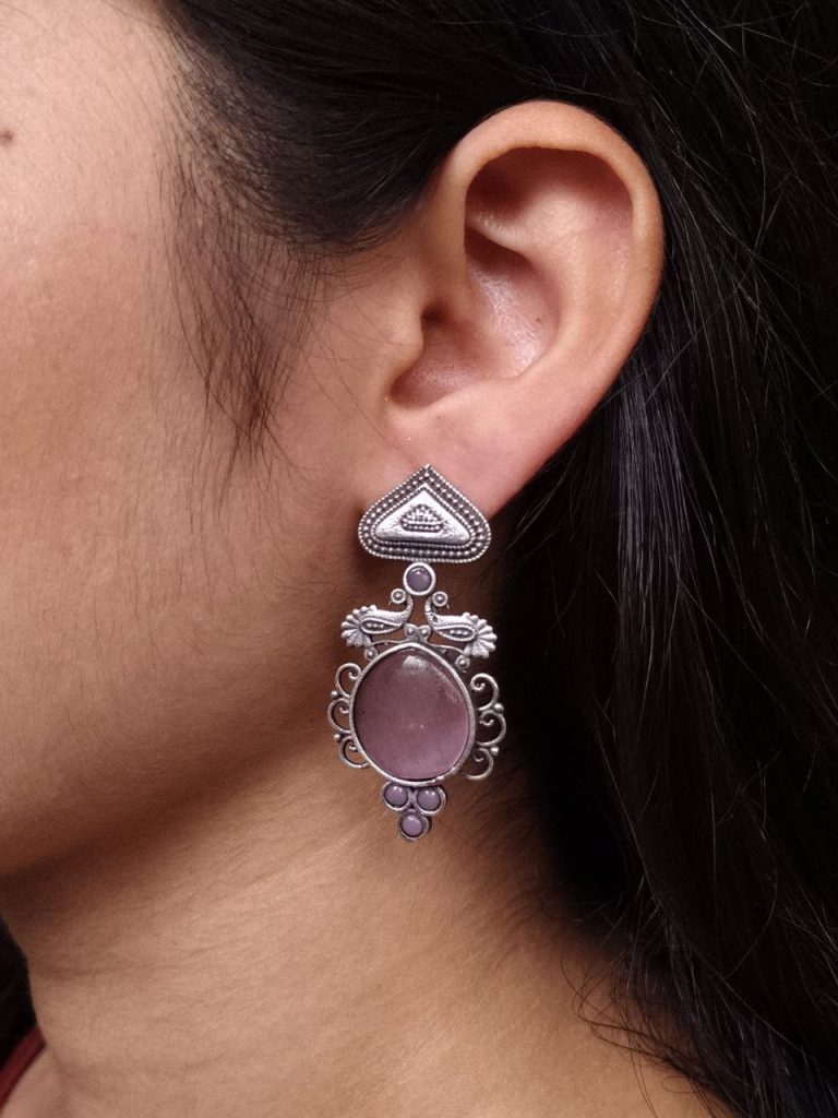 Unique Peacock Stud Earrings | Silver Replica Monalisa Stone Oxidized Jewelry