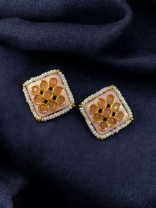 Unique Meenakari Square Stud Earrings | Stone & Pearl Work Lightweight Daily Use Jewelry - color: "Baby Pink"