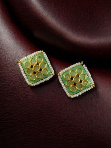 Unique Meenakari Square Stud Earrings | Stone & Pearl Work Lightweight Daily Use Jewelry - color: "Mint"