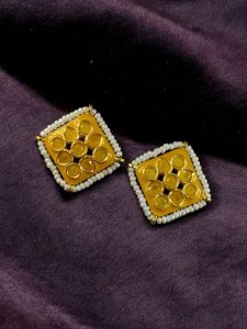 Unique Meenakari Square Stud Earrings | Stone & Pearl Work Lightweight Daily Use Jewelry - color: "Yellow"