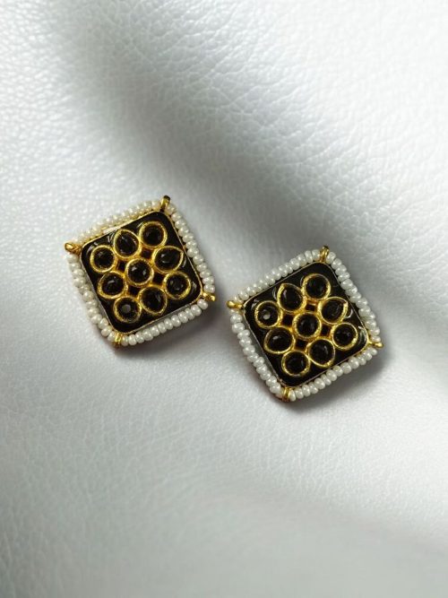 Unique Meenakari square stud earrings with pearl and stone work