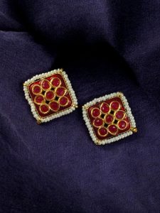 Unique Meenakari Square Stud Earrings | Stone & Pearl Work Lightweight Daily Use Jewelry - color: "Red"