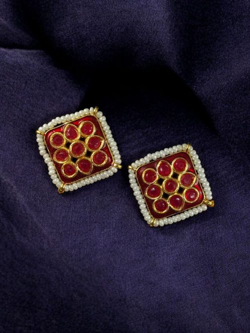 Unique Meenakari square stud earrings with pearl and stone work