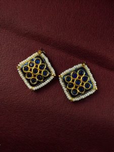 Unique Meenakari Square Stud Earrings | Stone & Pearl Work Lightweight Daily Use Jewelry - color: "Blue"