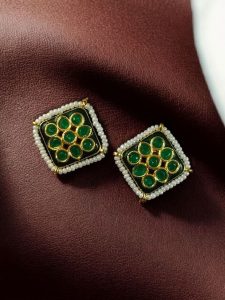 Unique Meenakari Square Stud Earrings | Stone & Pearl Work Lightweight Daily Use Jewelry - color: "Green"