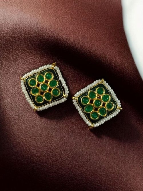 Unique Meenakari square stud earrings with pearl and stone work