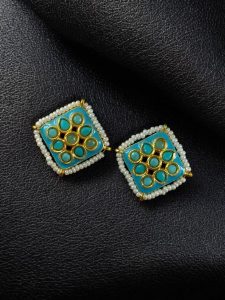 Unique Meenakari Square Stud Earrings | Stone & Pearl Work Lightweight Daily Use Jewelry - color: "Aqua"