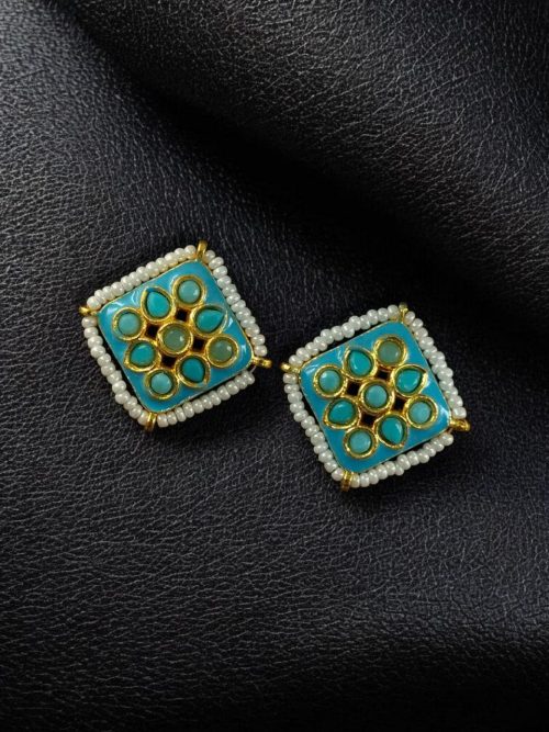 Unique Meenakari square stud earrings with pearl and stone work