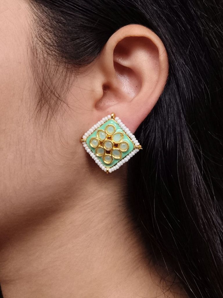 Unique Meenakari Square Stud Earrings | Stone & Pearl Work Lightweight Daily Use Jewelry