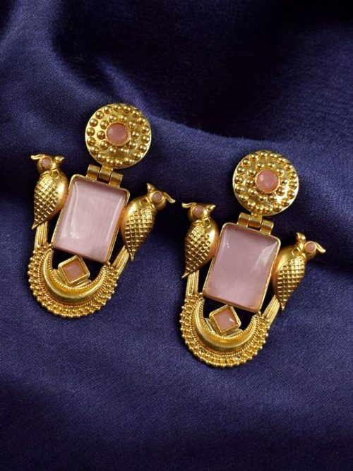 Traditional gold plated earrings with bird design and green stones in vintage style.