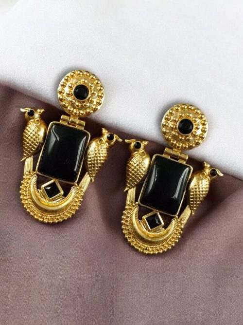 Traditional gold plated earrings with bird design and green stones in vintage style.