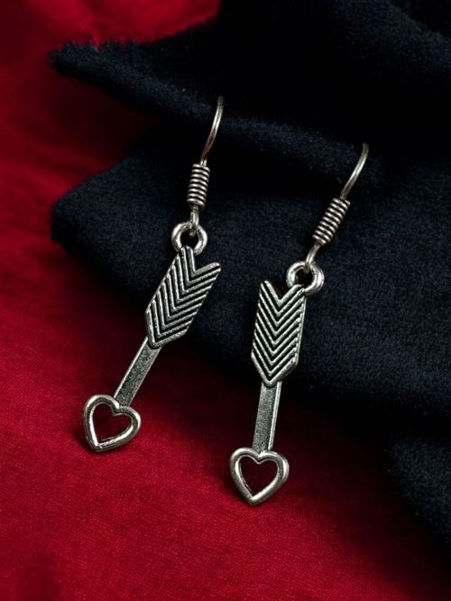 Heart arrow dangler earrings in German silver with hook for western casual wear.
