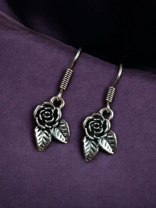 German Silver Rose Hook Dangler Earrings Ethnic Design