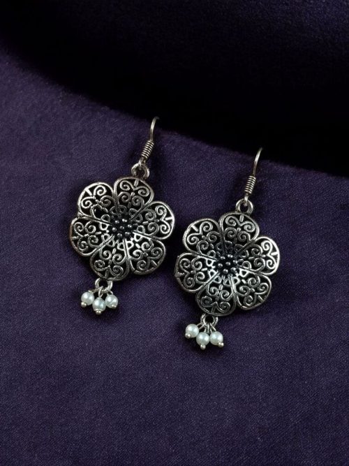 Lightweight German Silver Flower Earrings with pearl hook ethnic design