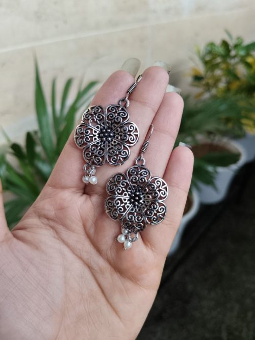 Lightweight German Silver Flower Earrings with pearl hook ethnic design